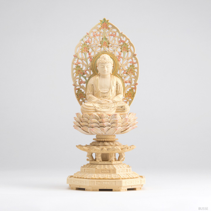 仏像 釈迦如来 座像 柘植製/ツゲ 八角台座 2寸 金泥書 淡彩色 曹洞宗
